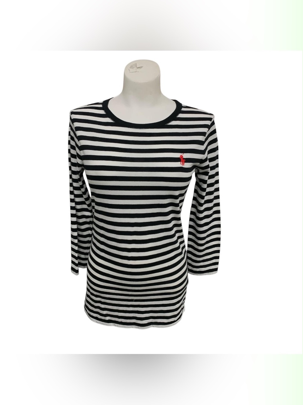 Ralph Lauren Navy and White Striped Long Sleeve Tee with Red Pony Size M